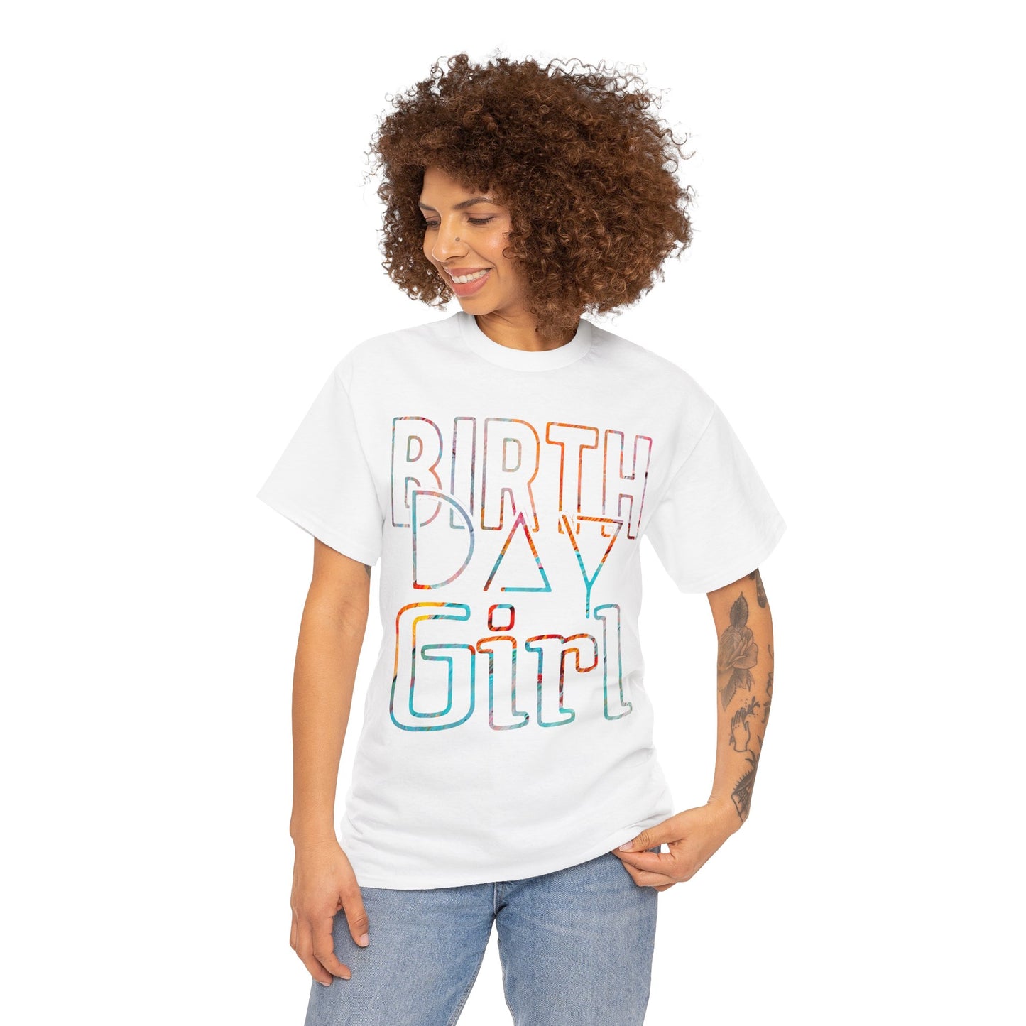 Birthday Girl White And Multicoloured Pattern Unisex Heavy Cotton Tee