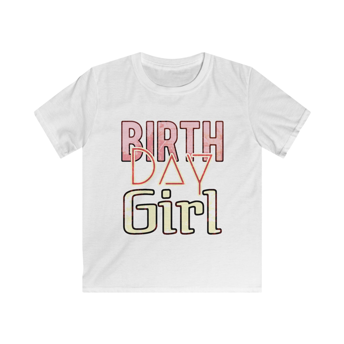 Birthday Girl Pink Washed Grunge Look Kids Softstyle Tee