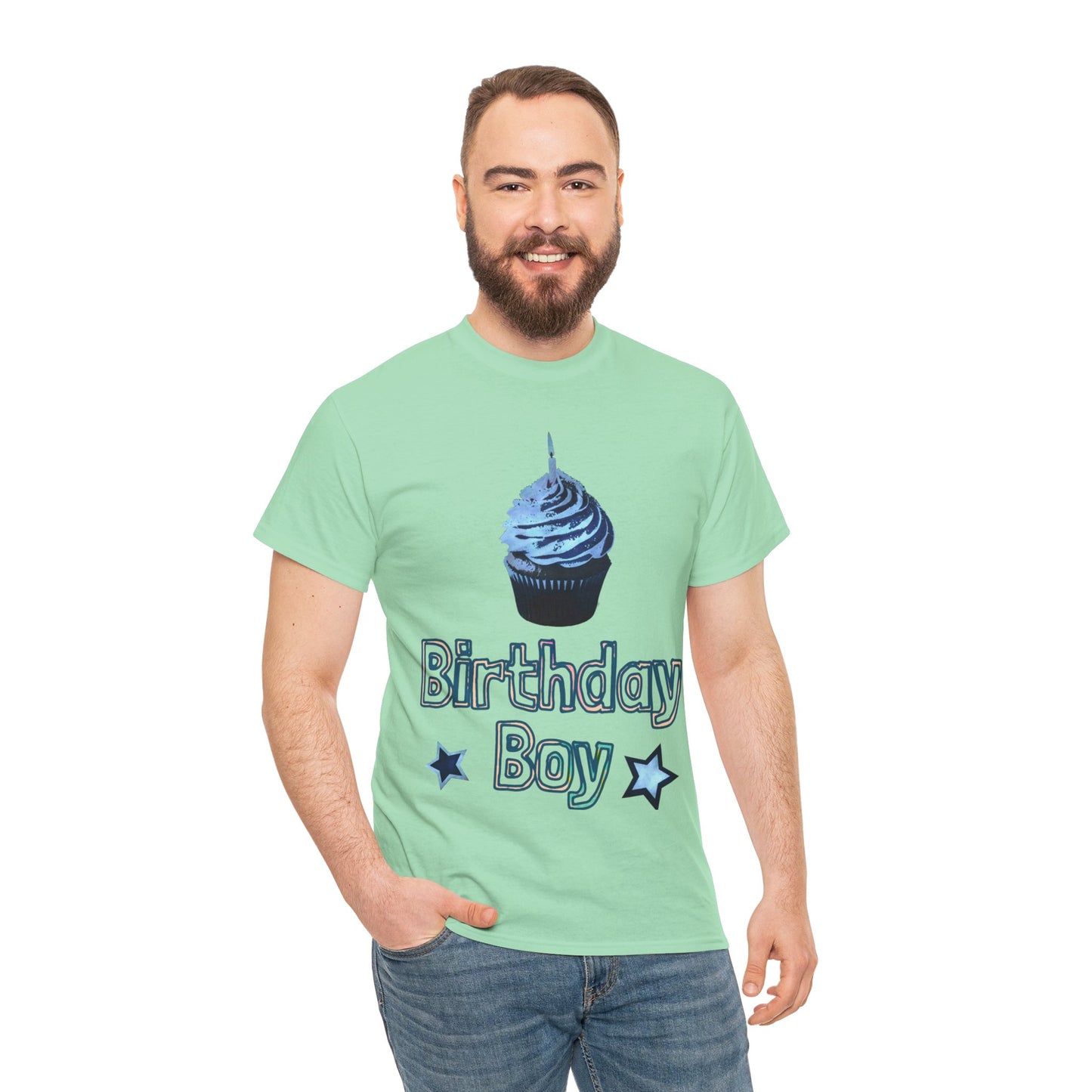 Birthday Boy Cupcake Blue Faded Design Unisex Heavy Cotton Tee