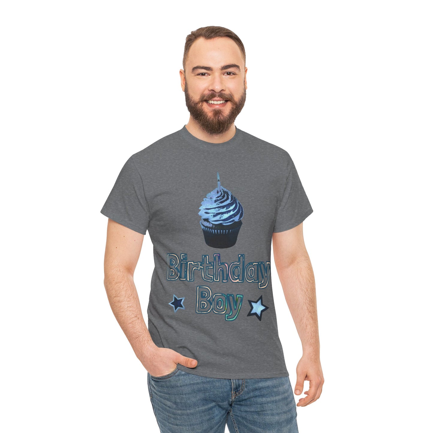 Birthday Boy Cupcake Blue Faded Design Unisex Heavy Cotton Tee