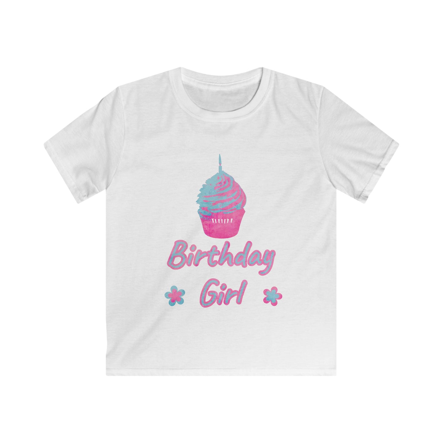 Birthday Girl Blue & Pink Cupcake Kids Softstyle Tee