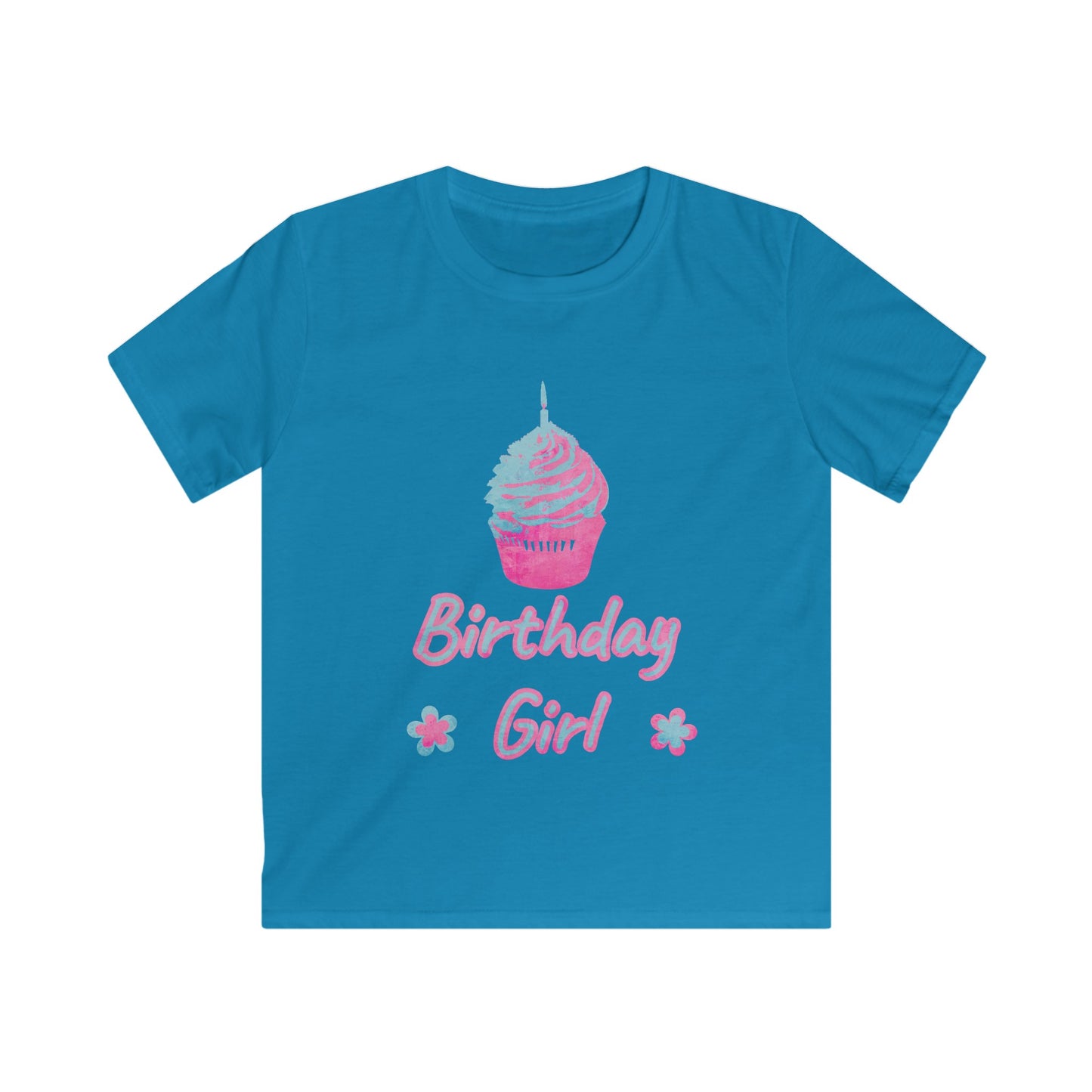 Birthday Girl Blue & Pink Cupcake Kids Softstyle Tee